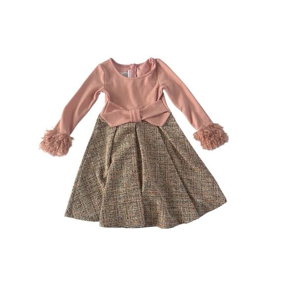 NEW Bonnie Jean Girls 5 Pink Sparkle Long Sleeve Tan Tweed Fur Trim Dress #5314 - Picture 1 of 11